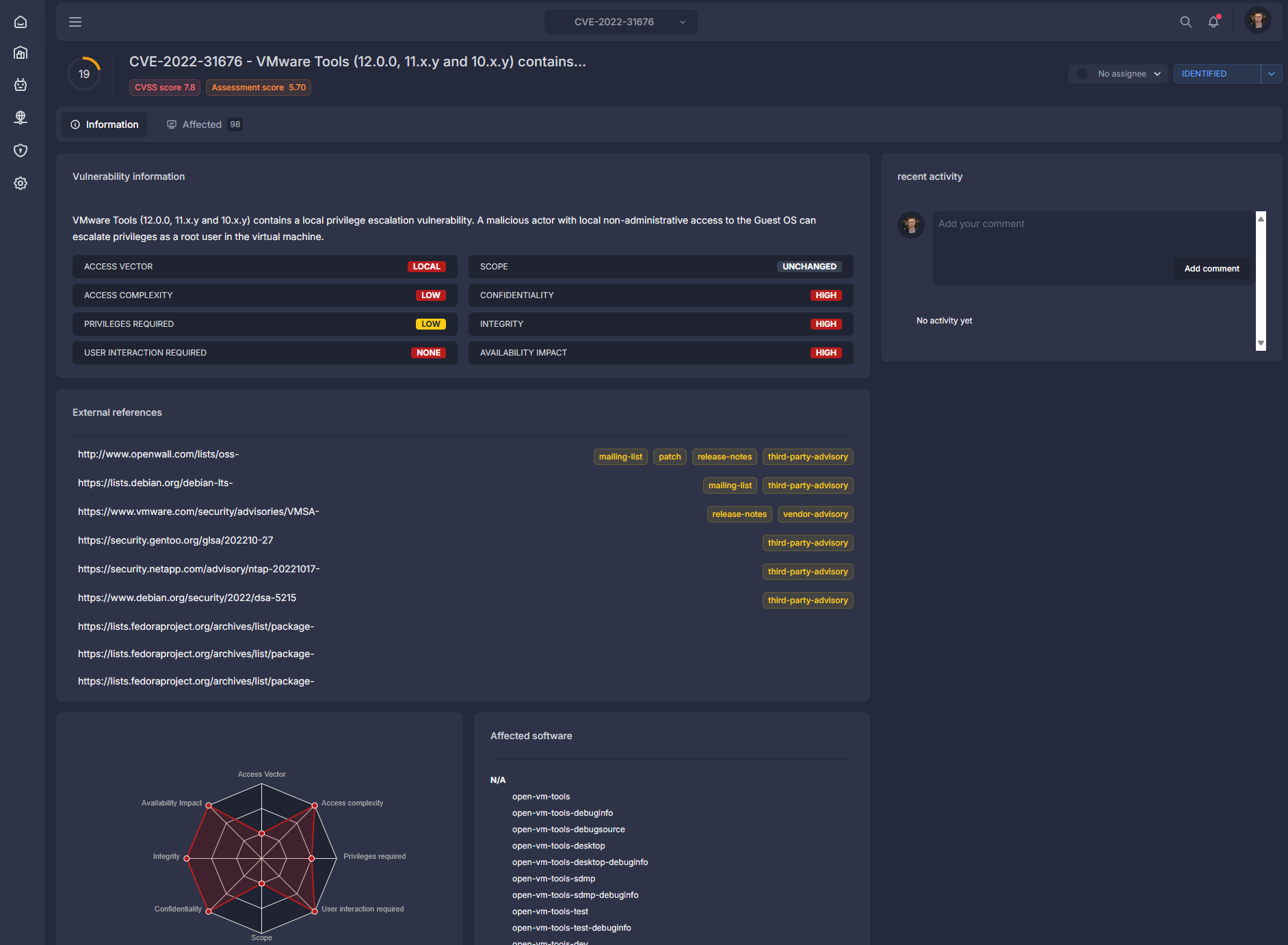 Details about a detected CVE in the IT environment